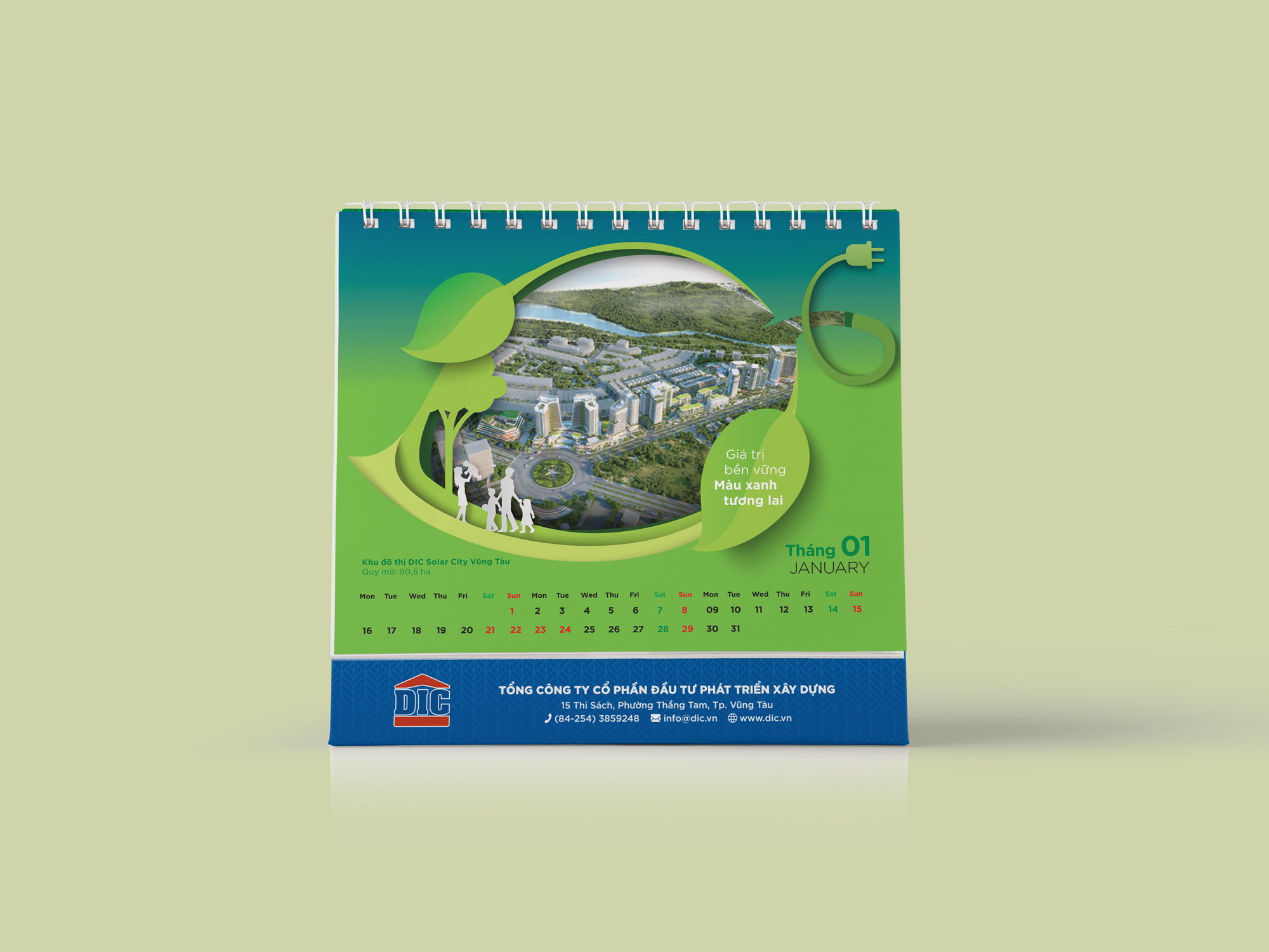 Desk calendar design DIC 2023 January spread with green project imagery